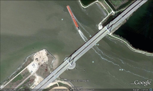 Birdseye view of the Fred Hartman Bridge from Google Earth
